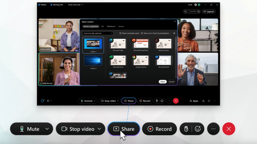 Cisco Webex meeting interface with the share content options pop up showing screen and apps to select.